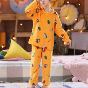 2-piece Fleece-lined Fruit Pattern Pajamas Sets for Girl