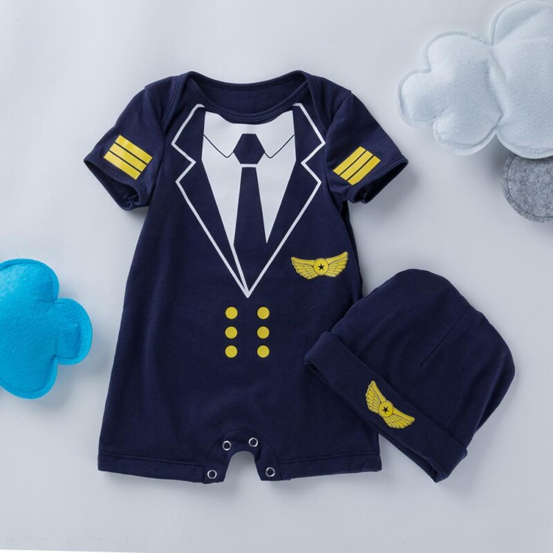 2-Piece Baby Boy Cotton Pilot Romper and Hat Set