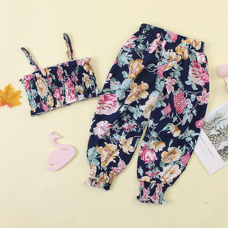 2-piece Flower Overprint Suit For Girls