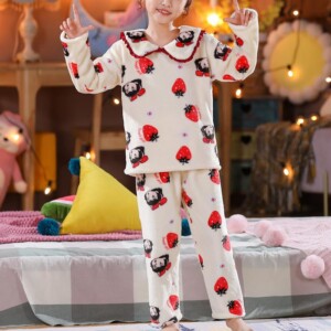 2-piece Strawberry Pattern Fleece-lined Pajamas Sets for Girl