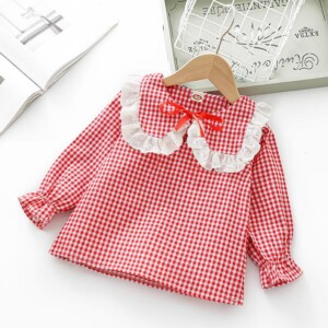 Plaid Lace Lapel Collar Blouse for Toddler Girl