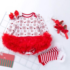 4-piece Cartoon Romper-skirt and Shoes and Bow and Leggings Sets for Baby Girl