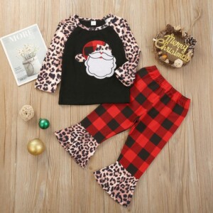 2-piece Leopard Pattern Sweatshirt & Plaid Pants for Toddler Girl