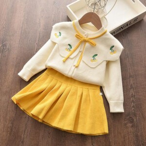 2-piece Lapel Collar Tops & Solid Skirt for Toddler Girl