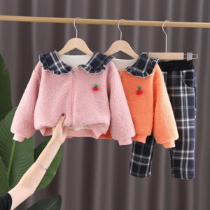 2-piece Fleece-lined Coat & Plaid Pants for Toddler Girl