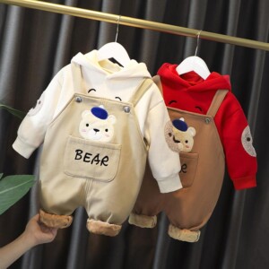 2-piece Bear Pattern Fleece-lined Hoodie & Pants for Toddler Boy