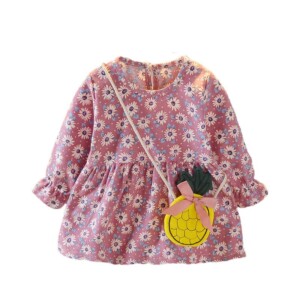 2-piece Floral Pattern Long Sleeve Dress & Packet for Toddler Girl