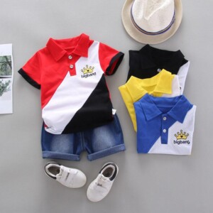2-piece Color-block Polo Shirt &amp; Short Jeans for Toddler Boy