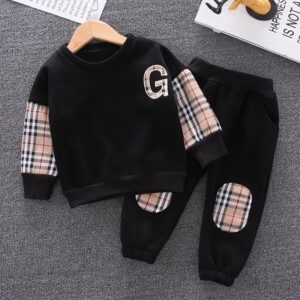 2-piece Casual Plaid Color-block Pullover &amp; Pants for Toddler Boy