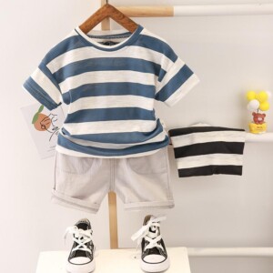 2-piece Solid Strip Short-sleeve Top and Shorts for Toddler