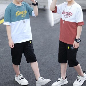 2-piece Color-block Letter Pattern T-shirt &amp; Shorts for Boy