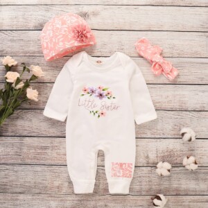 3-piece Floral Printed Jumpsuit with Headband &amp; Hat for Baby Girl