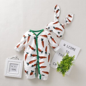 2-piece Carrot Printed Jumpsuit &amp; 3D Design Hat for Baby Girl