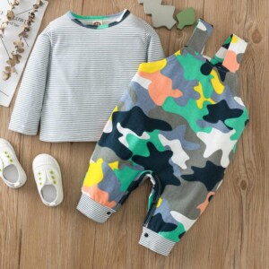 2-piece Striped Long Sleeve T-shirt &amp; Camouflage Bib Pants for Baby