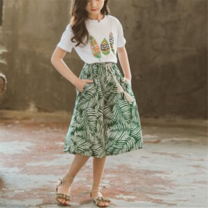 2-piece Plant Printed T-Shirt&amp;Skirt for Girl