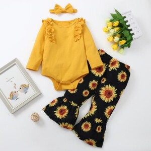 3-piece Ruffle Romper &amp; Headband &amp; Sunflower Pattern Pants for Baby Girl