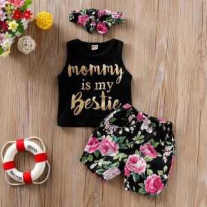 3-piece Letter Tank Top, Floral Shorts with Headband