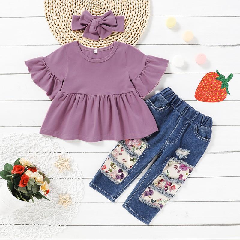 3-piece Solid Ruffle Tops &amp; Jeans &amp; Headband for Toddler Girl