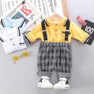 2-piece Long Sleeve Polo Shirt &amp; Plaid Pants for Toddler Boy