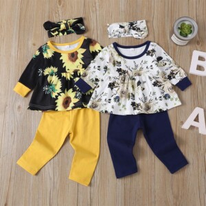 3-piece Floral Headband &amp; Floral Long Sleeve T-shirt &amp; Pants for Baby Girl