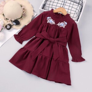 Embroidery Flowers Dress &amp; Waistband for Toddler Girl