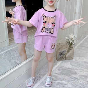 2-piece Cat Pattern T-shirt &amp; Shorts for Girl