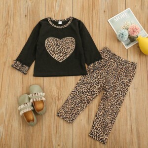 Baby Girl Outfit Heart-shaped Long Sleeve T-shirt &amp; Leopard Pants