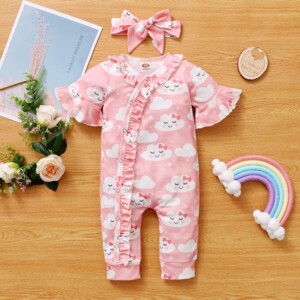 2-piece Clouds Pattern Jumpsuit &amp; Headband for Baby Girl