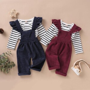 2-piece Stripes Long Sleeve T-shirt &amp; Bib Pants for Toddler Girl