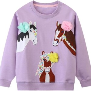 Toddler Girl Sweatshirt Crewneck Pullover Cotton Kids Fall Outfits 2-7T with Violet Horse Print